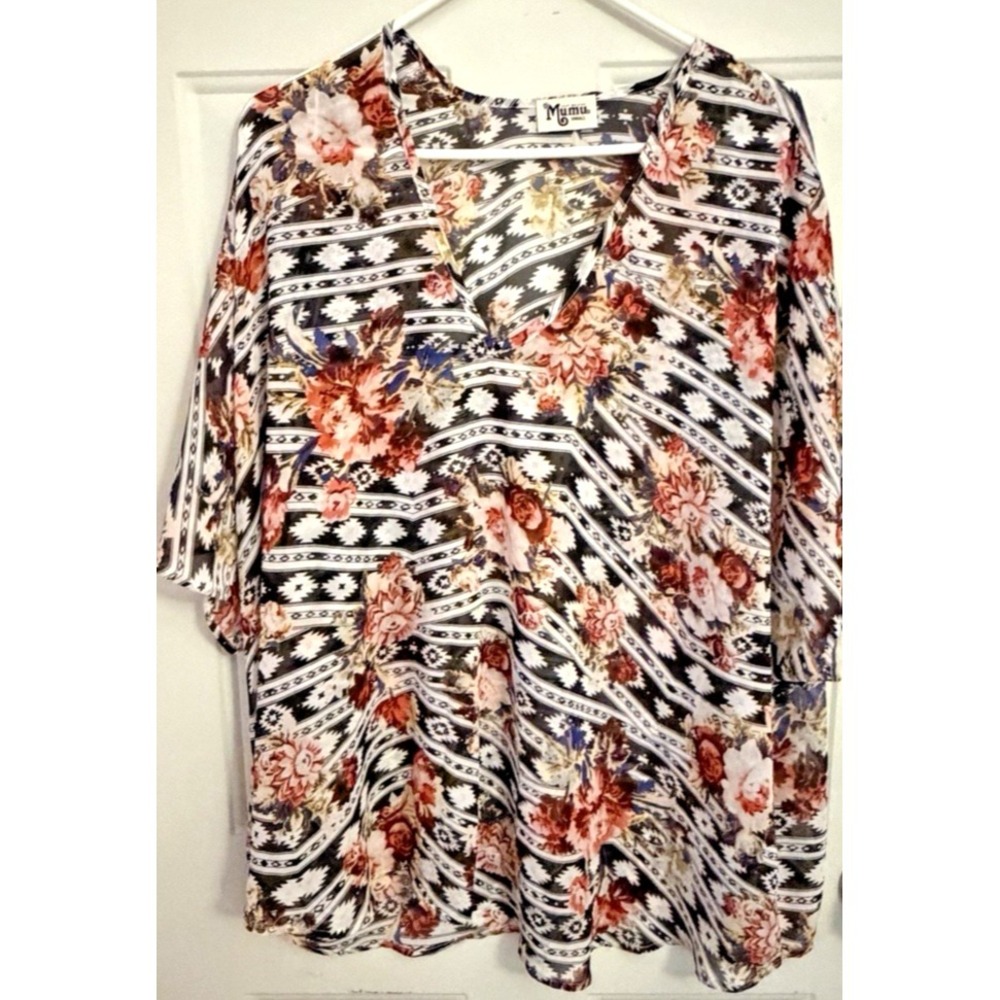 Show Me Your Mumu Boho Floral Aztec Kimono Sleeve Blouse Womens Small Festival